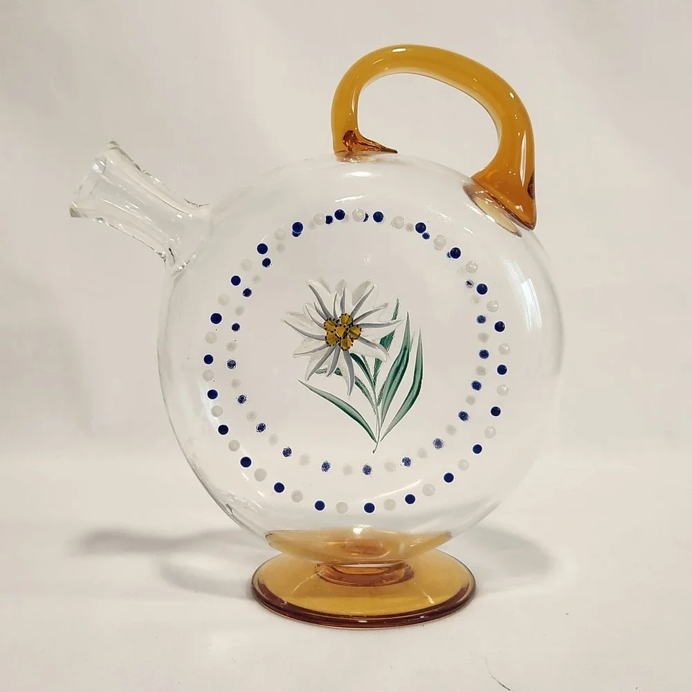 Vintage Hand Painted Edelweiss Glass Decanter or Vase Amber Handle Pitcher 8.5in